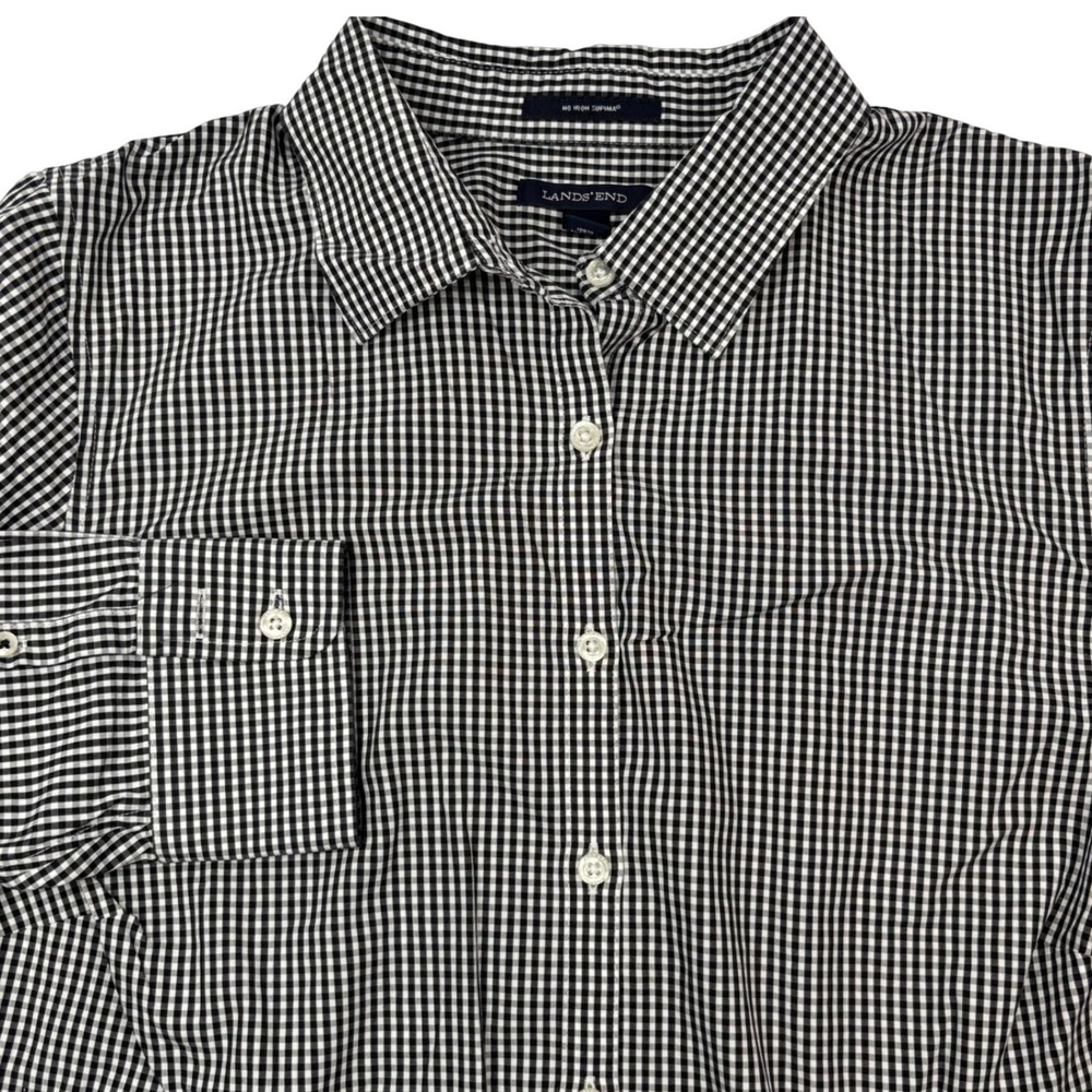 Lands' End Women 16W Button Down Shirt Gingham Navy No Iron Supima Cotton Office